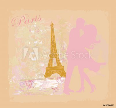 Romantic couple in Paris kissing near the Eiffel Tower Retro car - 900469338