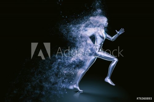 Running 3D man shattered into dust