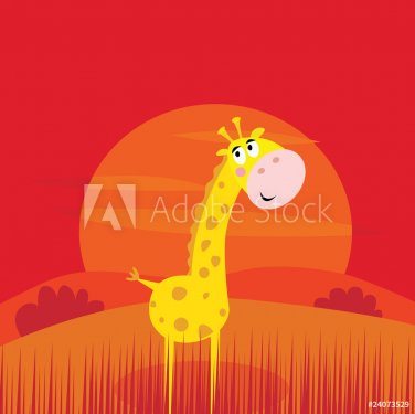 Safari animals - cute giraffe and red sunset scene behind