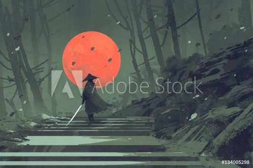 Samurai standing on stairway in night forest with the red moon on background,... - 901153855