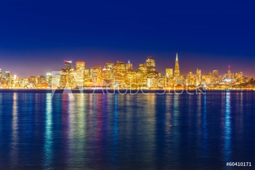 San Francisco sunset skyline California bay water reflection - 901141340
