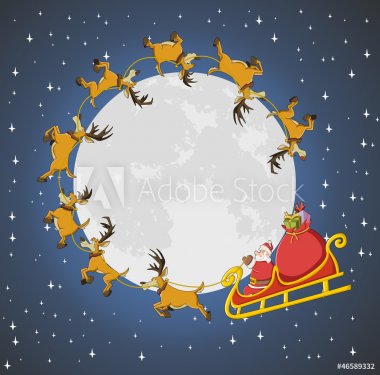 Santa Claus on sleigh with reindeer flying around big moon - 900868250