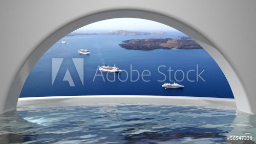 Santorini seascape, top view from hotels swimming pool - 901143497