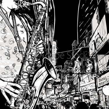 saxophonist playing saxophone in a street