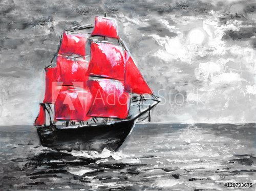 Scarlet sails, oil painting. Ship in ocean. Celebration in St. Petersburg, il... - 901148080