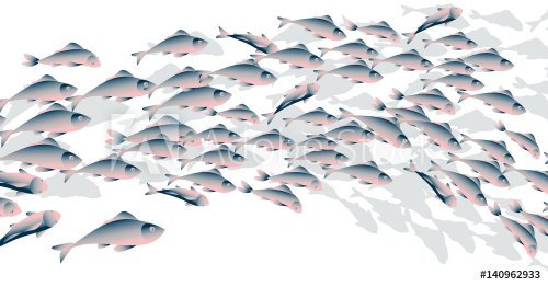 School of fish vector illustration for header, web, print, card and invitation. Plenty of herring or cod moving in the sea.