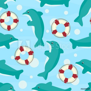 Sea style seamless background with dolphines and lifebuoys