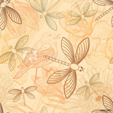 Seamless background with handdrawn birds and dragonflies