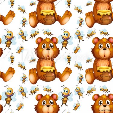 Seamless bees flying and bear with honey - 901148422