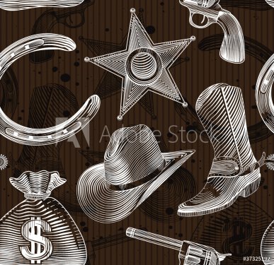 seamless cowboy pattern in engraving style - 900461574