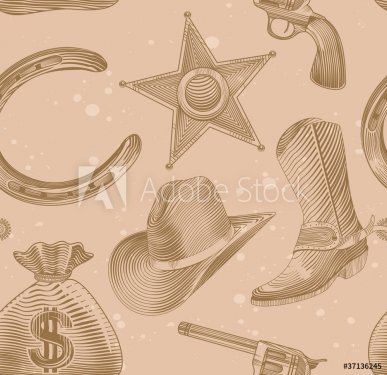 seamless cowboy pattern in engraving style - 900461595