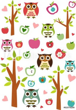 Seamless cute owl, tree and apple pattern