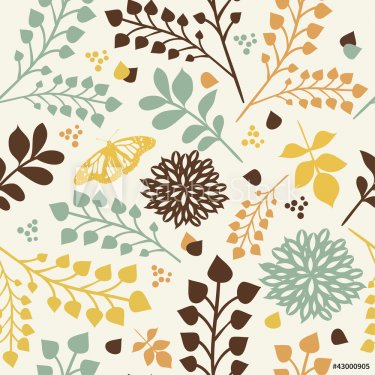 Seamless floral pattern with leaves, flowers and butterfly - 900465777