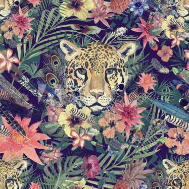 Seamless hand drawn watercolor pattern with leopard head, flowers, feathers, ... - 901152017