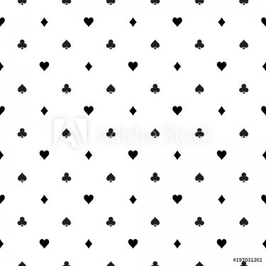 Seamless pattern background of poker suits - hearts, clubs, spades and diamonds - arranged in the rows on white background. Casino gambling theme vector illustration.