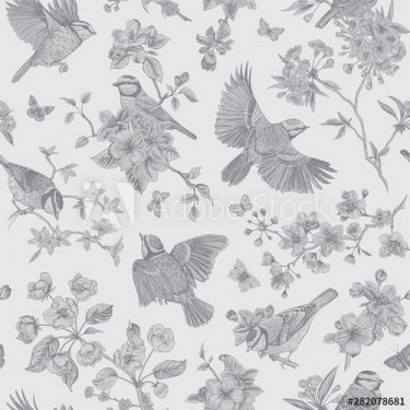 Seamless pattern. Classis vintage illustration. Blossom garden with tits. Birds and flowers. Toile de Jouy