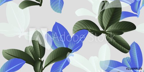 Seamless pattern, green, blue and white leaves on light grey background - 901152579