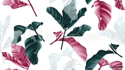Seamless pattern, green, pink and white leaves with branch on white background