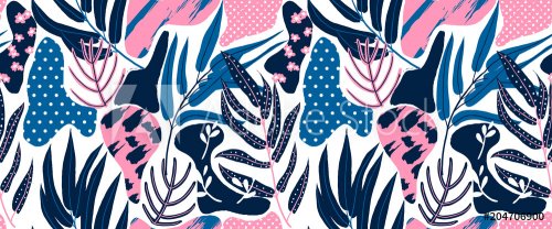 Seamless pattern, hand drawn abstract plant, leaf and flowers, pink and blue tones on white background