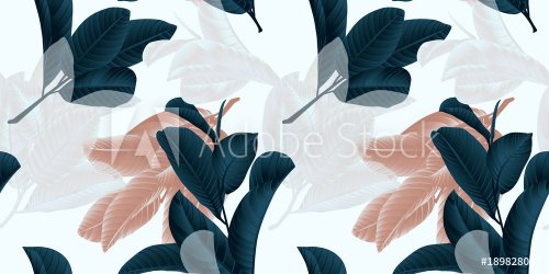 Seamless pattern, hand drawn dark green, brown and white guava leaf on sprig ... - 901152578