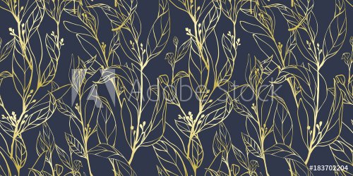 Seamless pattern, hand drawn golden leaves with small flowers on dark blue background