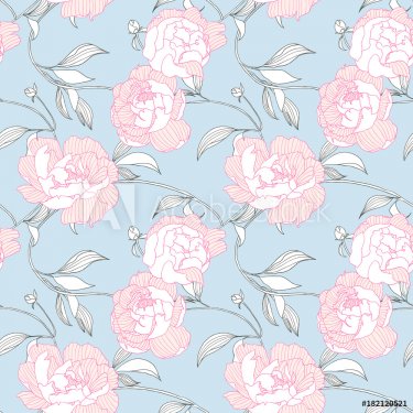 Seamless pattern, hand drawn pink Peony flowers on blue background