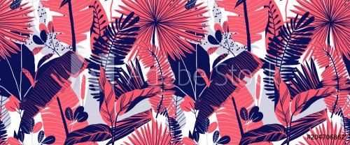 Seamless pattern, hand drawn tropical plant, leaf, pink and blue tones on whi... - 901152044