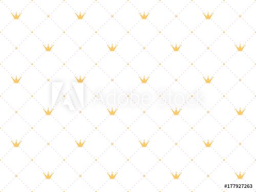  Seamless pattern in retro style with a  gold crown and pink polka dots on white background. Cute wallpaper for little princesses.