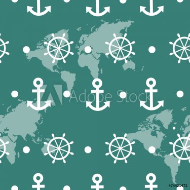 Seamless pattern of blue sea anchors and wheels - 901143606