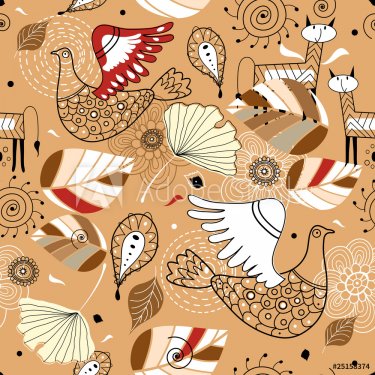 Seamless pattern of leaves and fabulous animals - 900459199