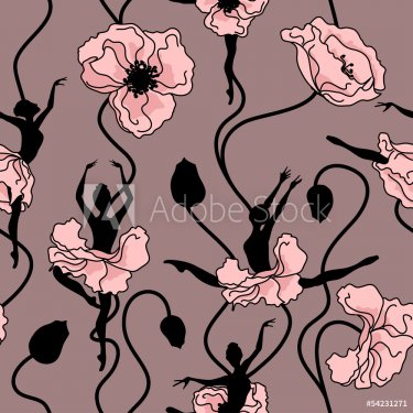 Seamless pattern of stylized dance of flowers