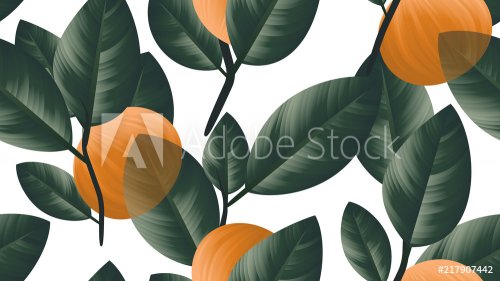 Seamless pattern, orange fruit with green leaves on branch on white background - 901152581