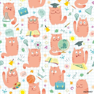 Seamless Pattern - Pink Cats And School