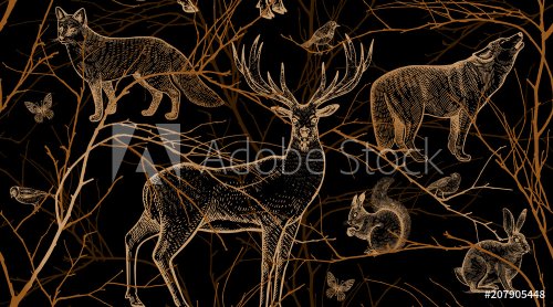 Seamless pattern with animals, birds and tree branches. - 901151673