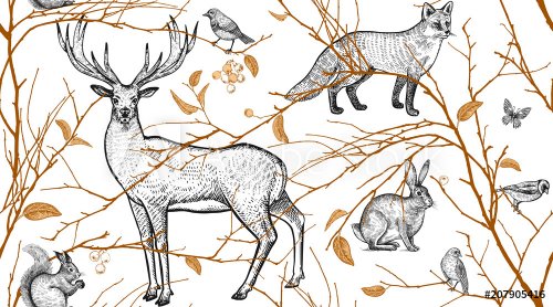 Seamless pattern with animals, birds and tree branches.