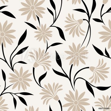 Seamless pattern with beige flowers and black leaves. Vector 