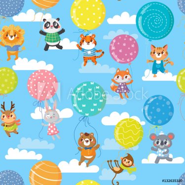 Seamless pattern with colorful balloons and cute animals. Vector illustration.