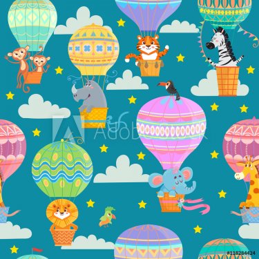 Seamless pattern with colorful  hot air balloons and animals. Vector illustration.