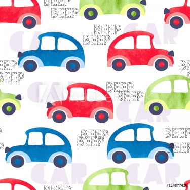 Seamless pattern with colorful watercolor cars. Vector background, suitable f... - 901148705