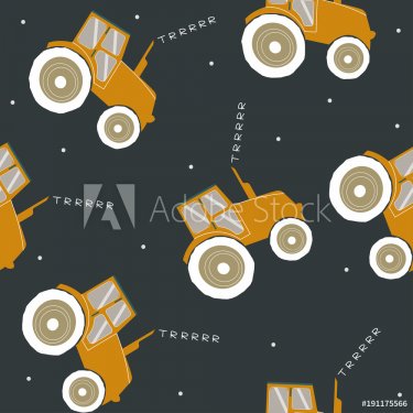 Seamless pattern with cool tractor. Vector hand drawn illustration.