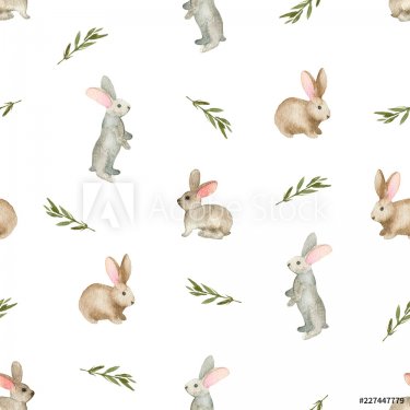 Seamless pattern with cute rabbits, Watercolor hand drawn - 901151986