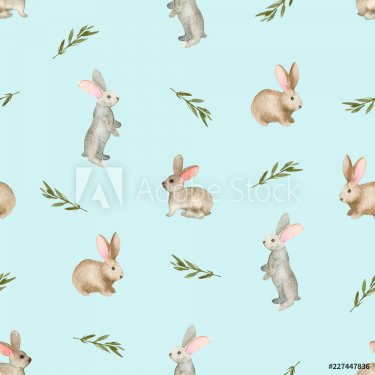 Seamless pattern with cute rabbits, Watercolor hand drawn