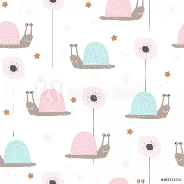 Seamless pattern with cute snail and flowers. Vector hand drawn illustration. - 901151848