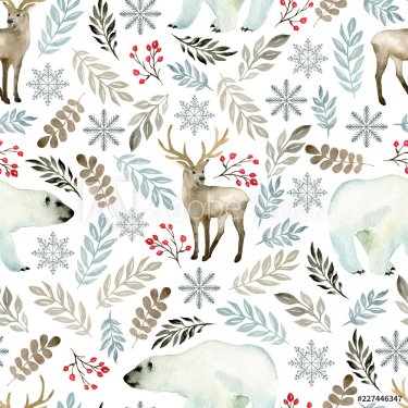 Seamless pattern with deer and bear. Watercolor hand drawn