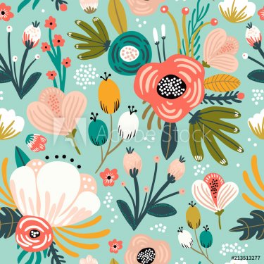 Seamless pattern with flowers,palm branch, leaves. Creative floral texture. G... - 901152388