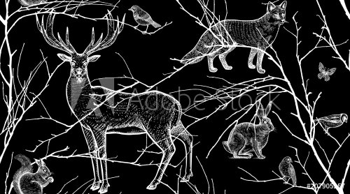Seamless pattern with forest animals, birds and tree branches. - 901151674