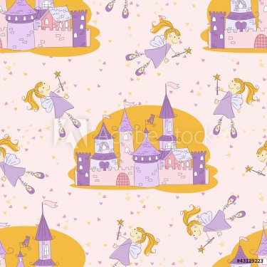 Seamless pattern with princess castle and fairy - 900469292