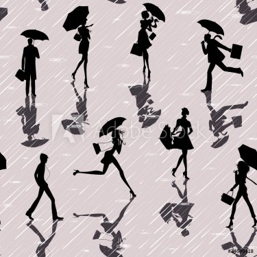 Seamless pattern with silhouettes of people with umbrellas - 900461628