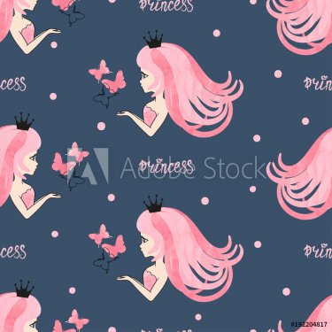 Seamless princess pattern with beautiful girls and butterflies on dark blue.