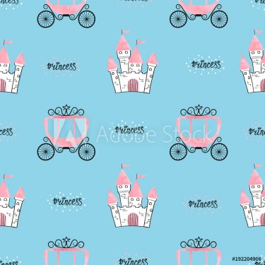 Seamless princess pattern with castles and carriages on blue. Vector background. - 901151539